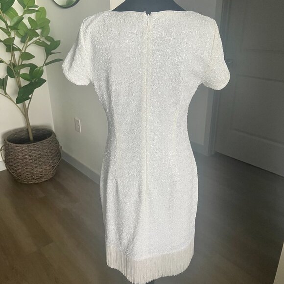 Aidan Mattox White Sequin Fringe Cocktail Dress Gatsby Glam Party Size 8 - Picture 2 of 6